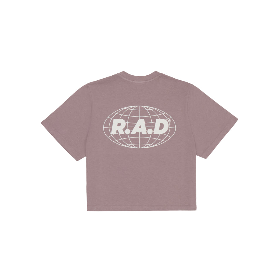 GLOBE CROP TEE DUSK at R.A.D® - Performance Crop Tee . CROPGLOBE_PURPLEDOVE_2 — View 1