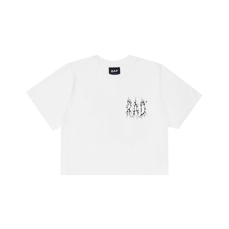 CROP METAL TEE WHITE at R.A.D® - Performance Crop Tee . 0326-WCTMEBW_R.A.DWomensCroppedTeeMETALBRILLIANTWHITE_A — View 1