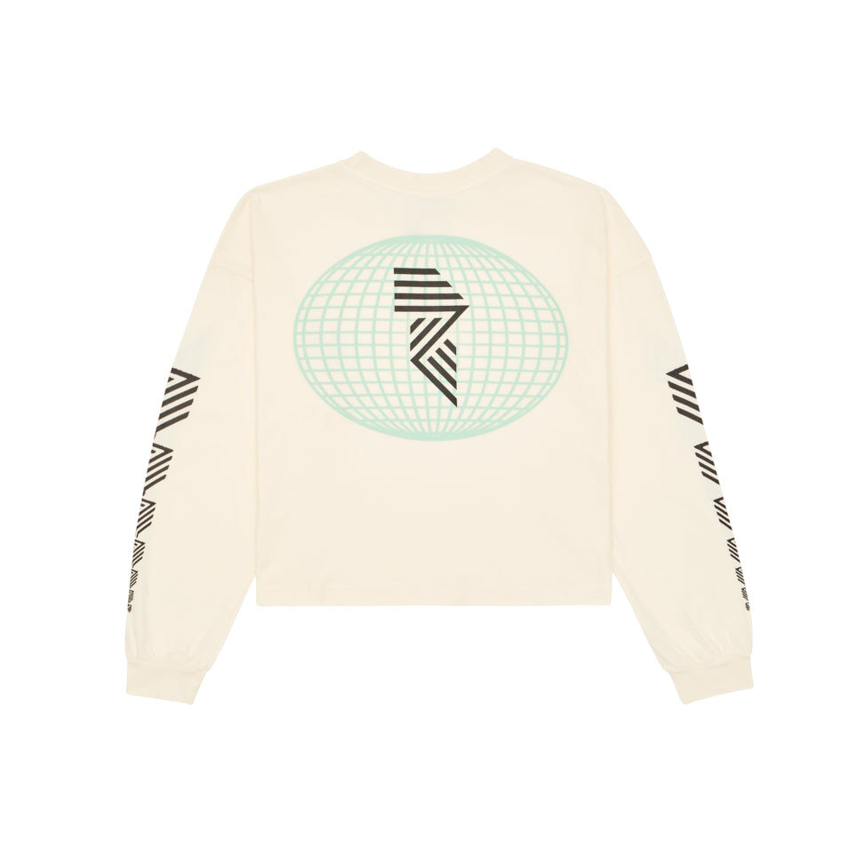 LONG SLEEVE GLOBE CROP TEE OFF WHITE at R.A.D® UK - Performance Crop Tee . GLOBESWOMENSLS_TOFU_0325-HSGL1OW_B — View 1