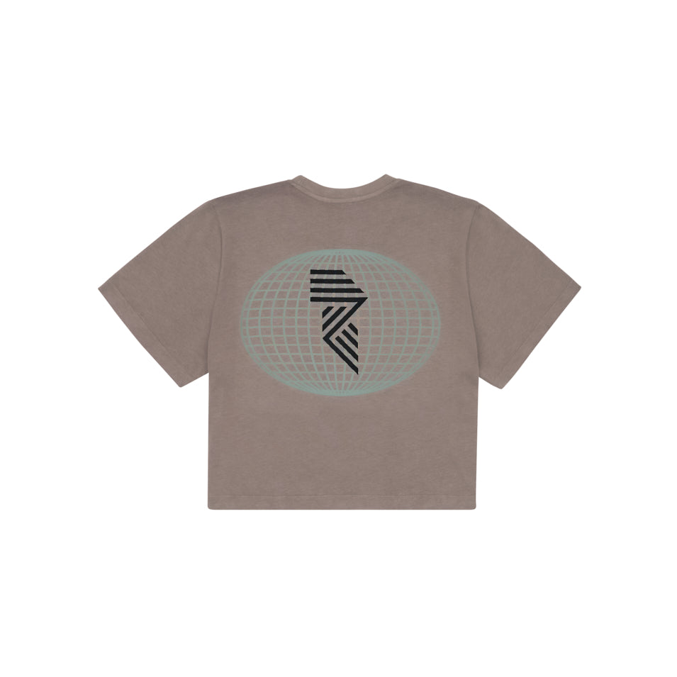 GLOBE CROP TEE CINDER at R.A.D® - Performance Crop Tee . SKETCHGLOBECROP_CINDER_B — View 1