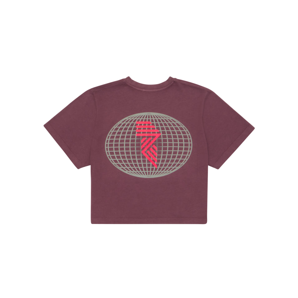 GLOBE CROP TEE PLUM at R.A.D® - Performance Crop Tee . SKETCHGLOBECROP_PLUMWINE_B